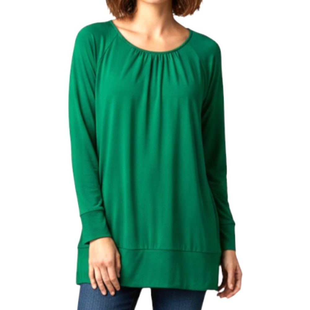 COLDWATER CREEK Bold Kelly Green SOFT FLOWY KNIT TOP TUNIC Gathered Neckline M